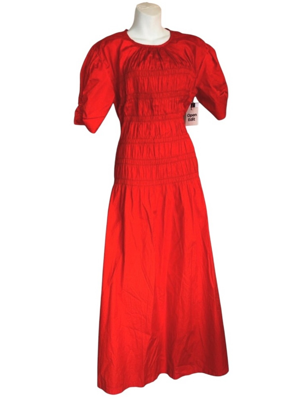 NORDSTROM OPEN EDIT Red Dress, Midi, Open Back, Smocked, Ties, Puff Sleeves. L
